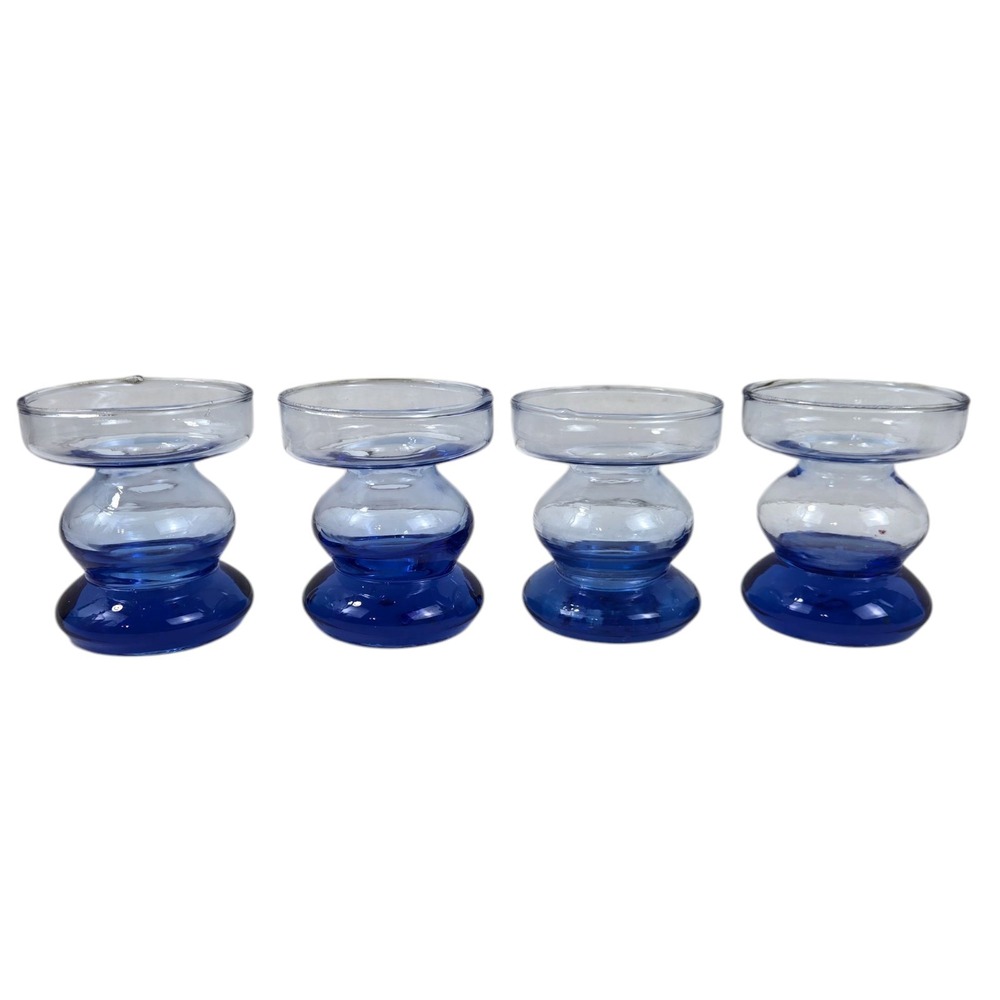Set of 4 Blue Blown Glass Votive or Taper Candle Holders 2.5" NICE READ